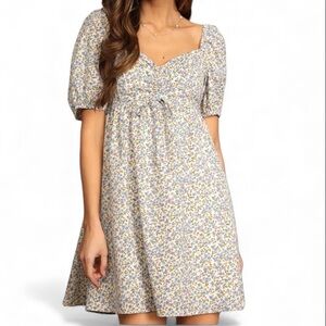 Lulus Floral Print Puff Sleeve Cinch Bodice Mini Dress Off White Blue XL NWT